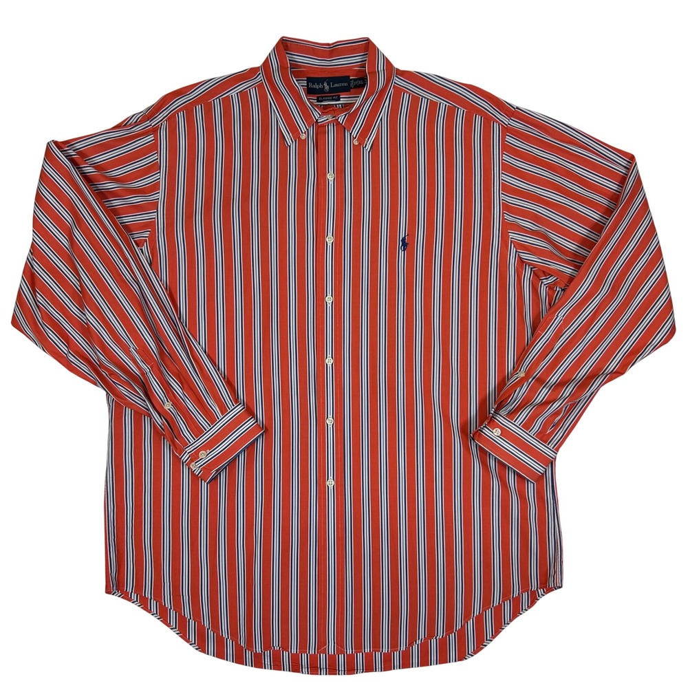 Ralph Lauren Classic Fit Mens XL Striped Button Down Shirt Red White Blue Cotton